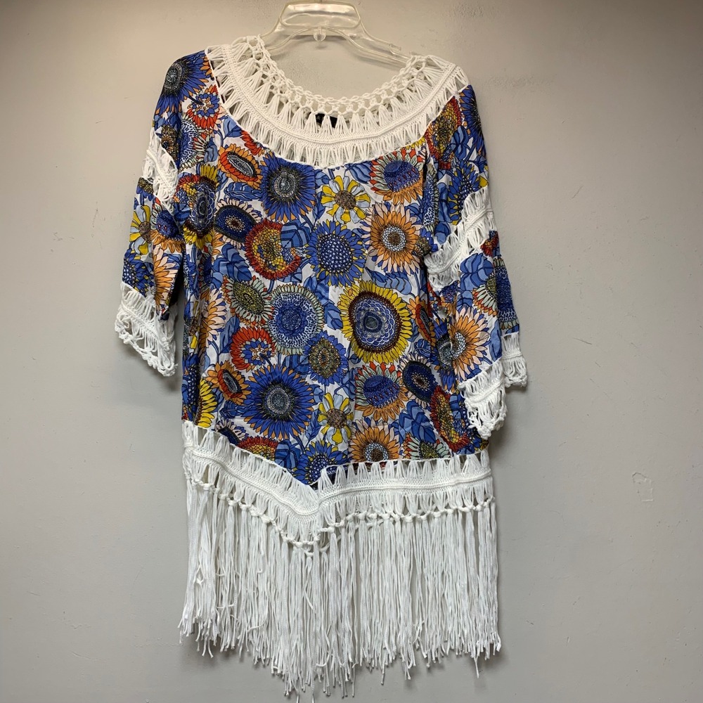 Ana & Rose Sunflower Crochet Fringe Tunic Womens Medium Blue Orange Excel Boho